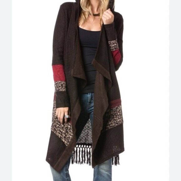 Miss Me Women's Boho Duster Hooded Fringe Trim Cardigan L - Picture 1 of 10